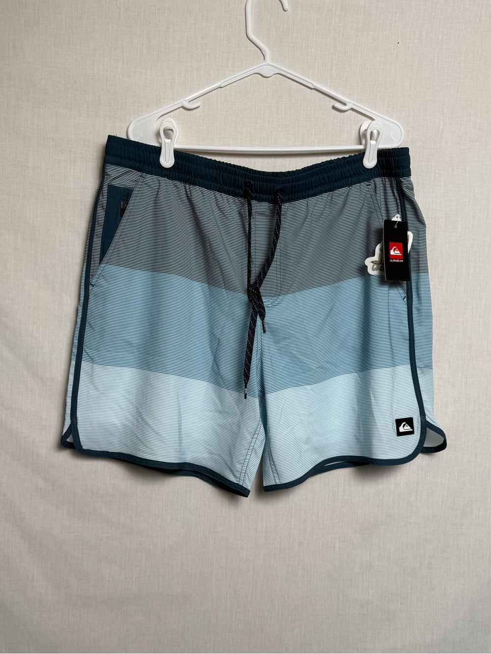 NWT Quiksilver Board Shorts XL Blue Striped Swim Trunks Stretch Volley